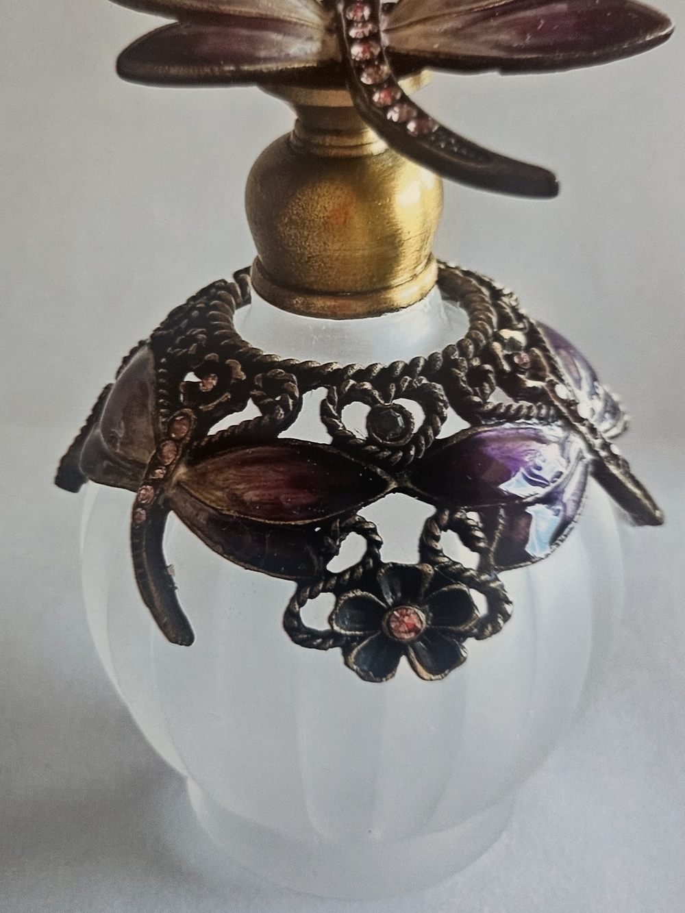 Ornate Dragonfly Glass Perfume Bottle - Purple & Gold Accents